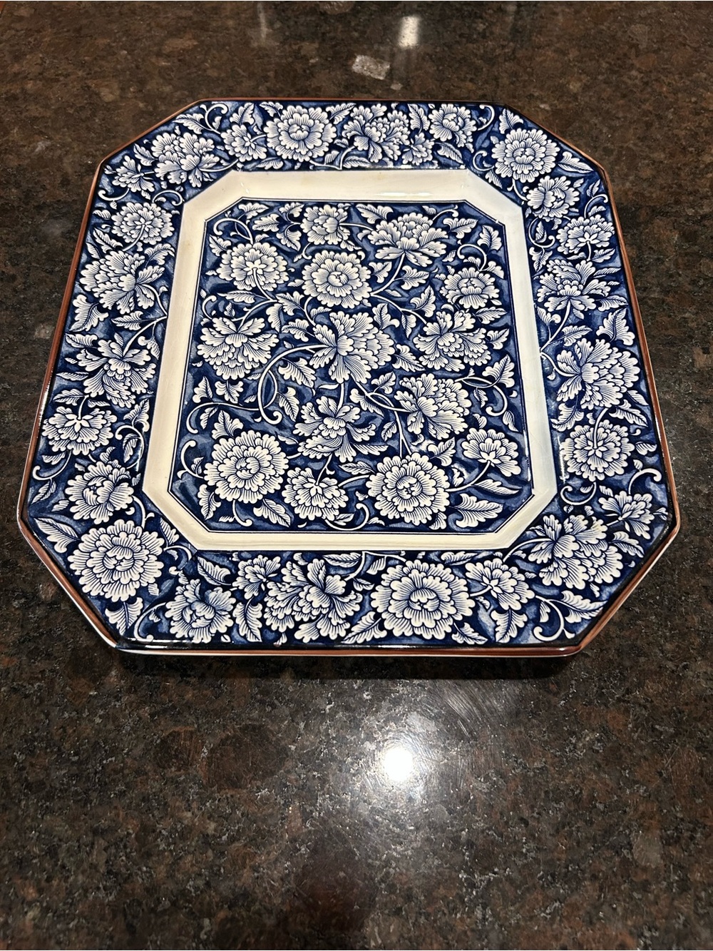 Vintage Japanese Blue & White Chinoiserie Chrysanthemum Octagonal Platter Tray